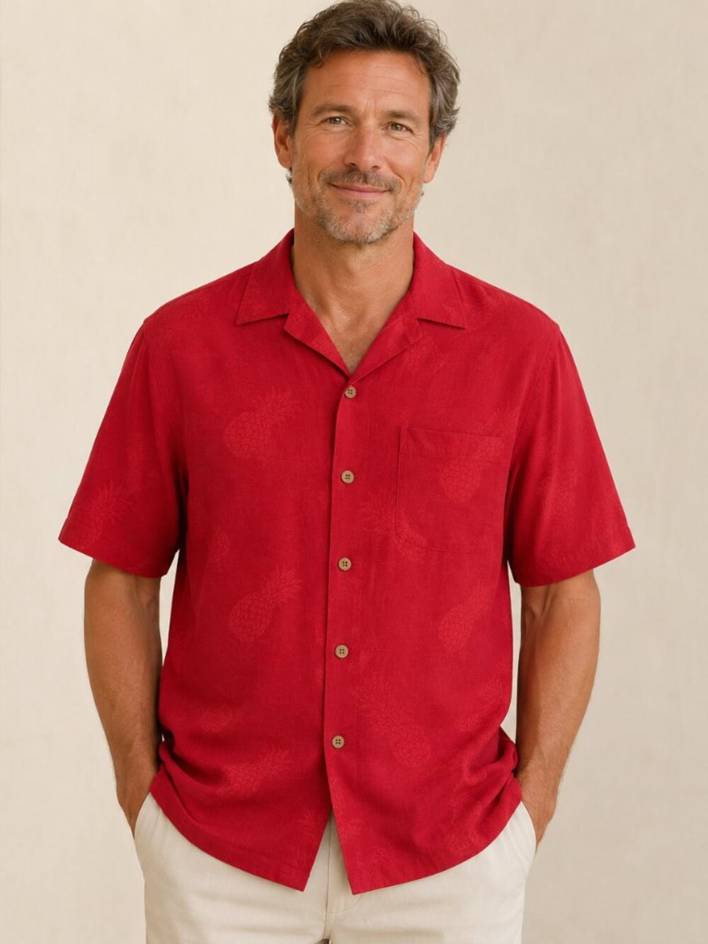 Caribbean mens 100% silk Hawaiian button up Brick Red Pineapple sz M